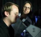 Professor Katharina Gaus ( right) and postdoctoral student Dr Elvis Pandzic with one of the super-resolution microscopes at UNSW's Centre in Single Molecule Science.) PHOTO: Grant Turner